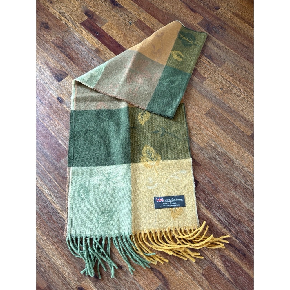 Scotland/Scottish Scarf 100% CASHMERE Green And Yellow Leaf Pattern - Picture 14 of 14